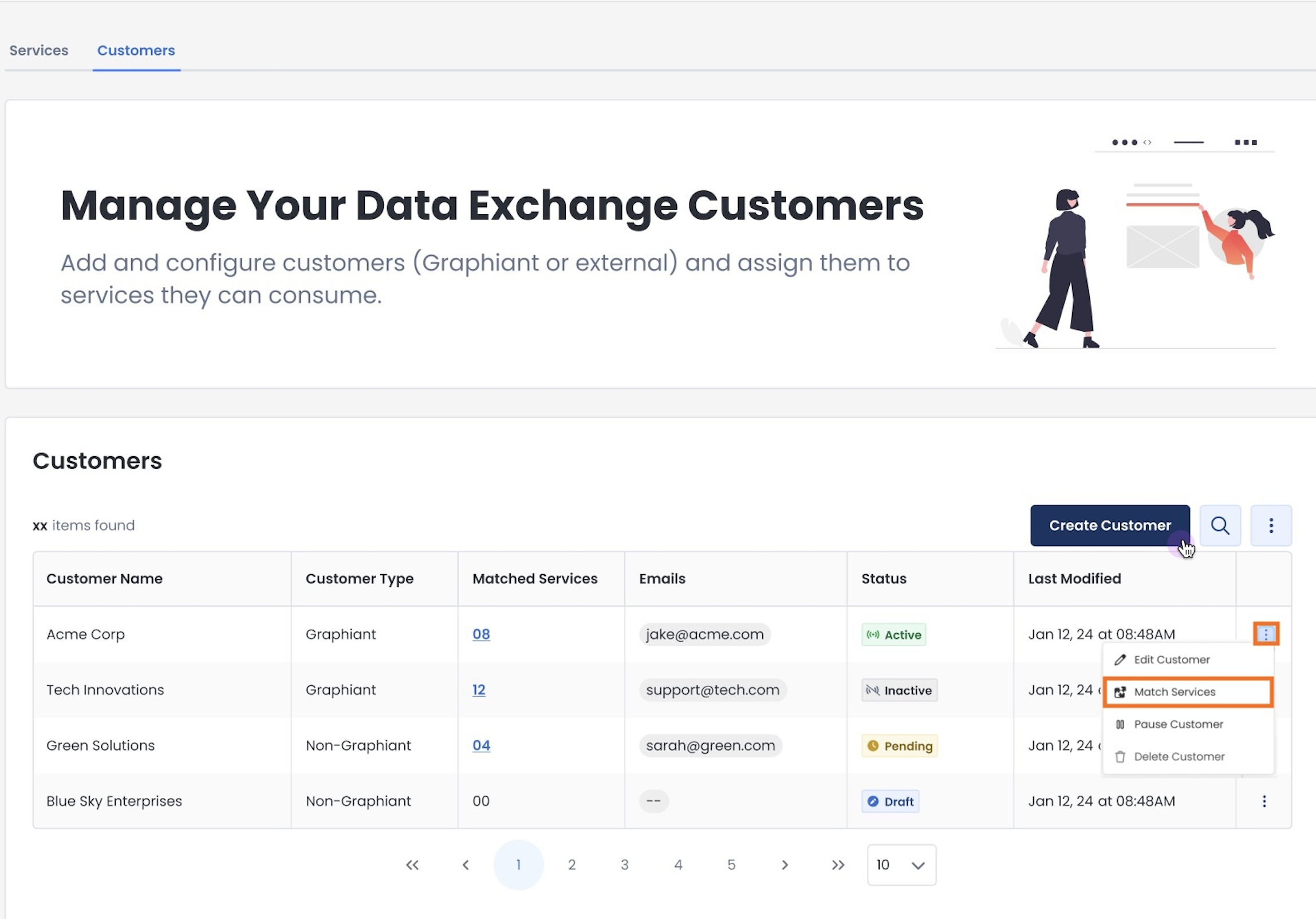 Manage data exchange customers, view details, and create new customer entries.